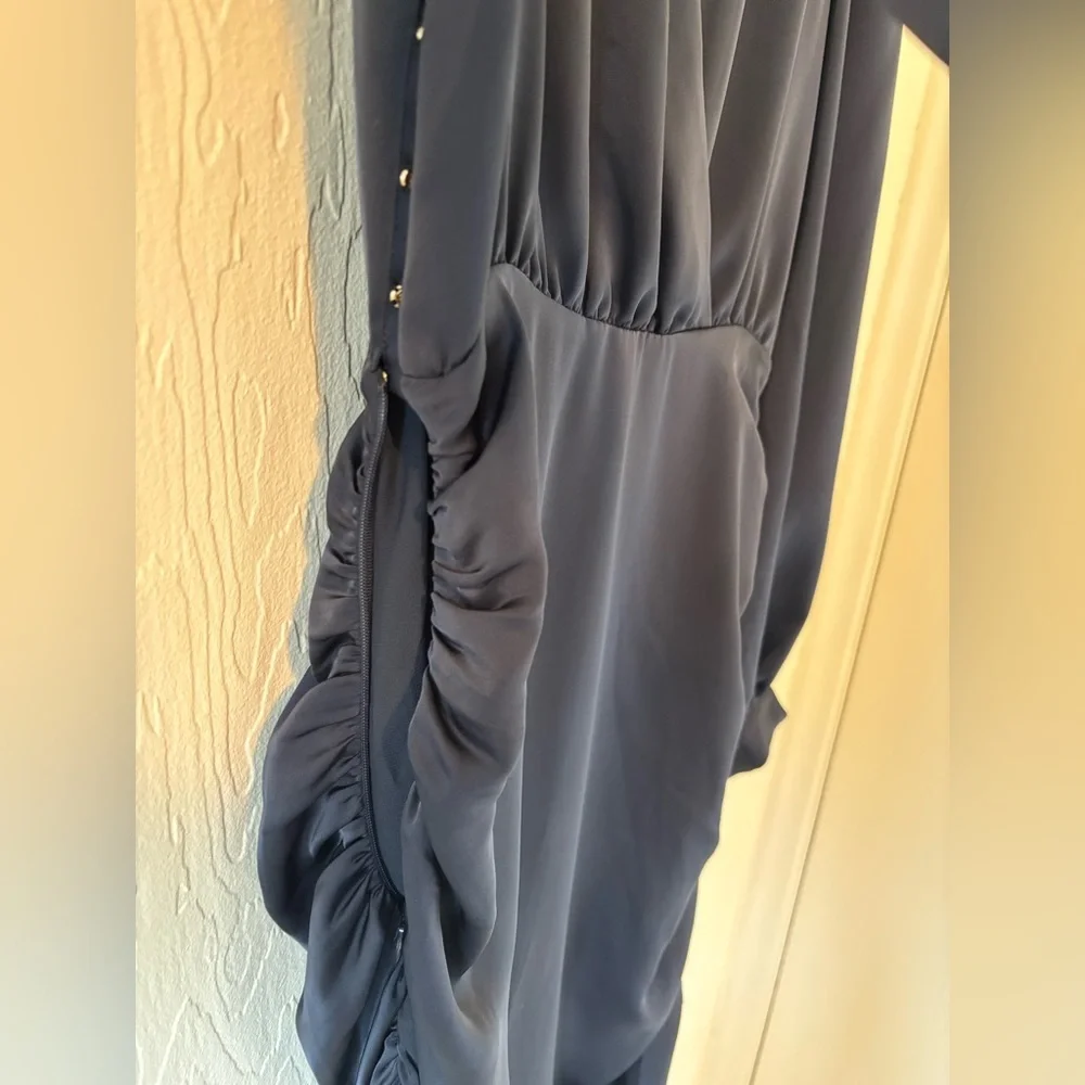 Ramy Brook Foxy Satin Navy Blue Ruched Long Sleeve V Neck Side Zip Mini Dress - Picture 9 of 15